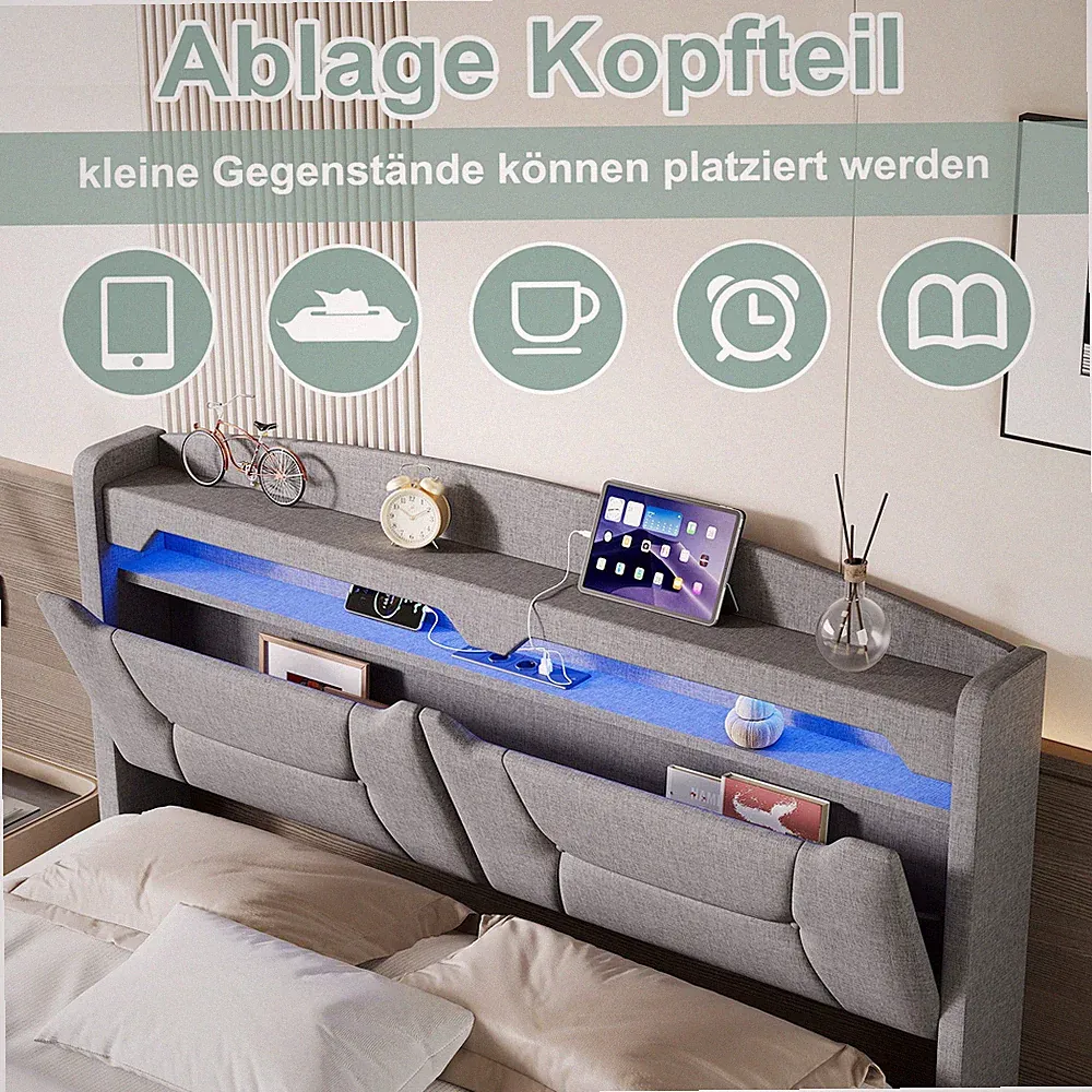 Doppelbett Polsterbett Bettgestell 140 x 200 cm Mit Stauraum LED&USB Lattenrost