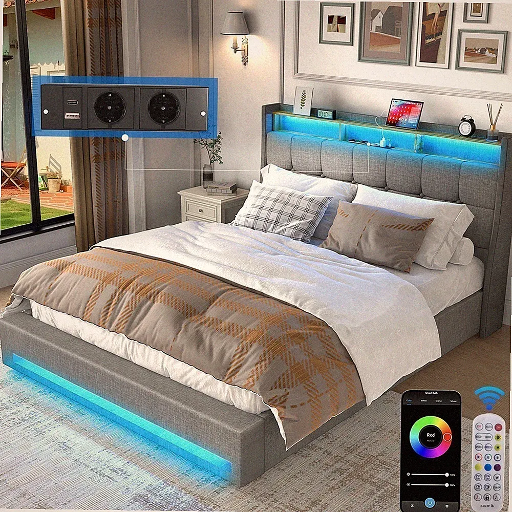 Doppelbett Polsterbett LED mit Ladestation mit Kopfteil Bettgestell Stauraumbett