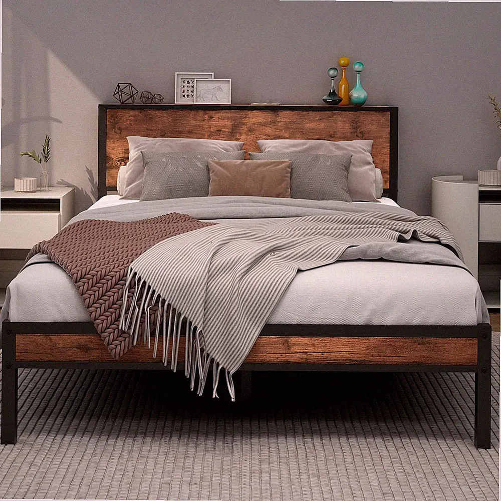 Doppelbettgestell mit Holz Stauraum Regal Kopfteil kein Boxspringbett nötig Metall