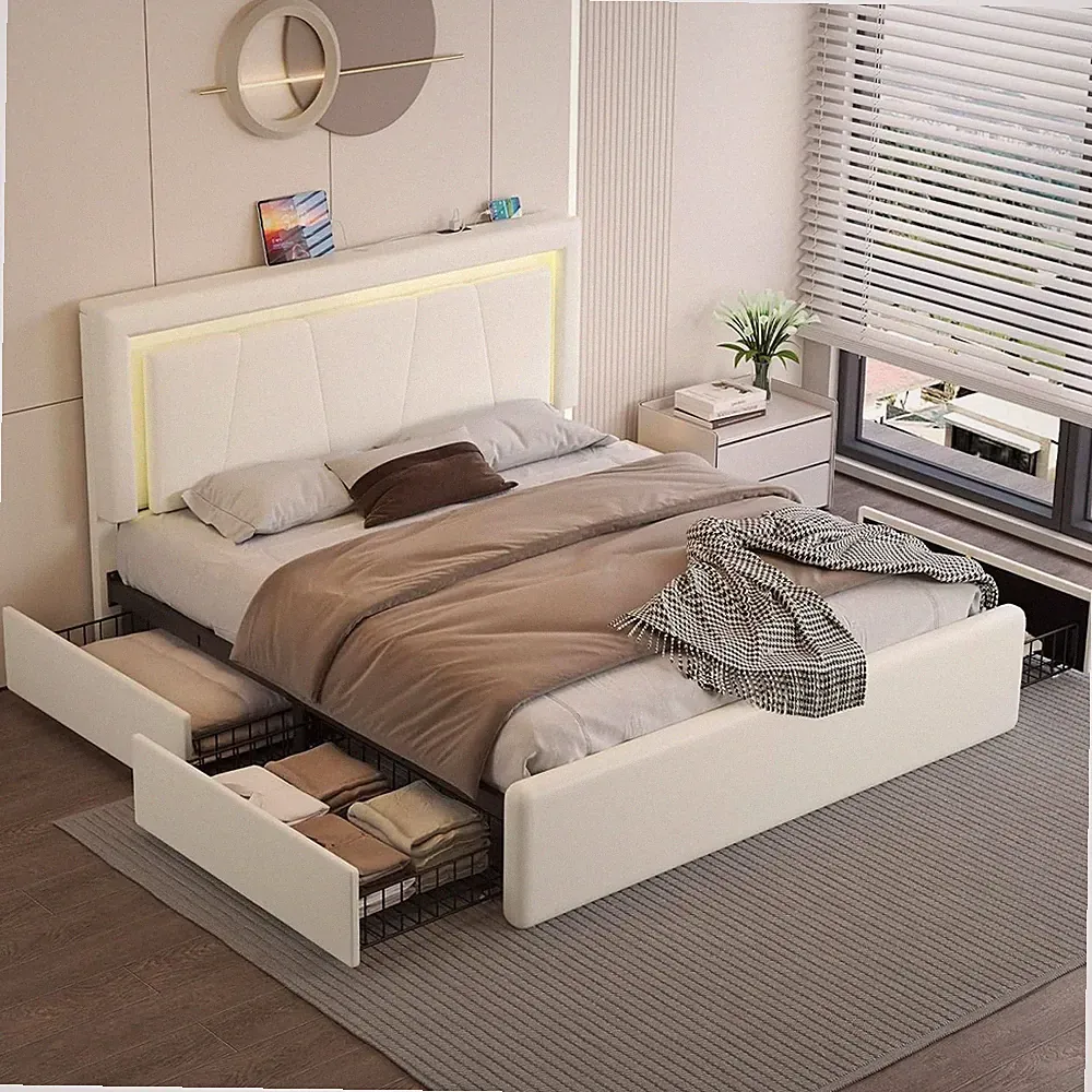 DoppelBoxbett 140x200cm 4 Schubladen LED-Licht verstellbare Kopfteil-Ladestation