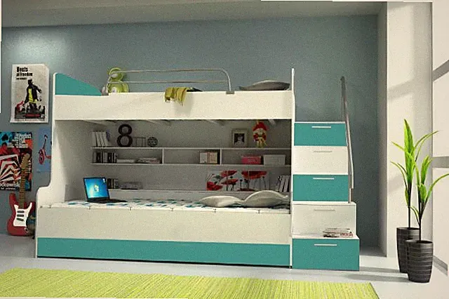 Doppelstockbett Etagenbett Bett Kinderbett Jugendbett Hochbett B03 Türkis/Weiß