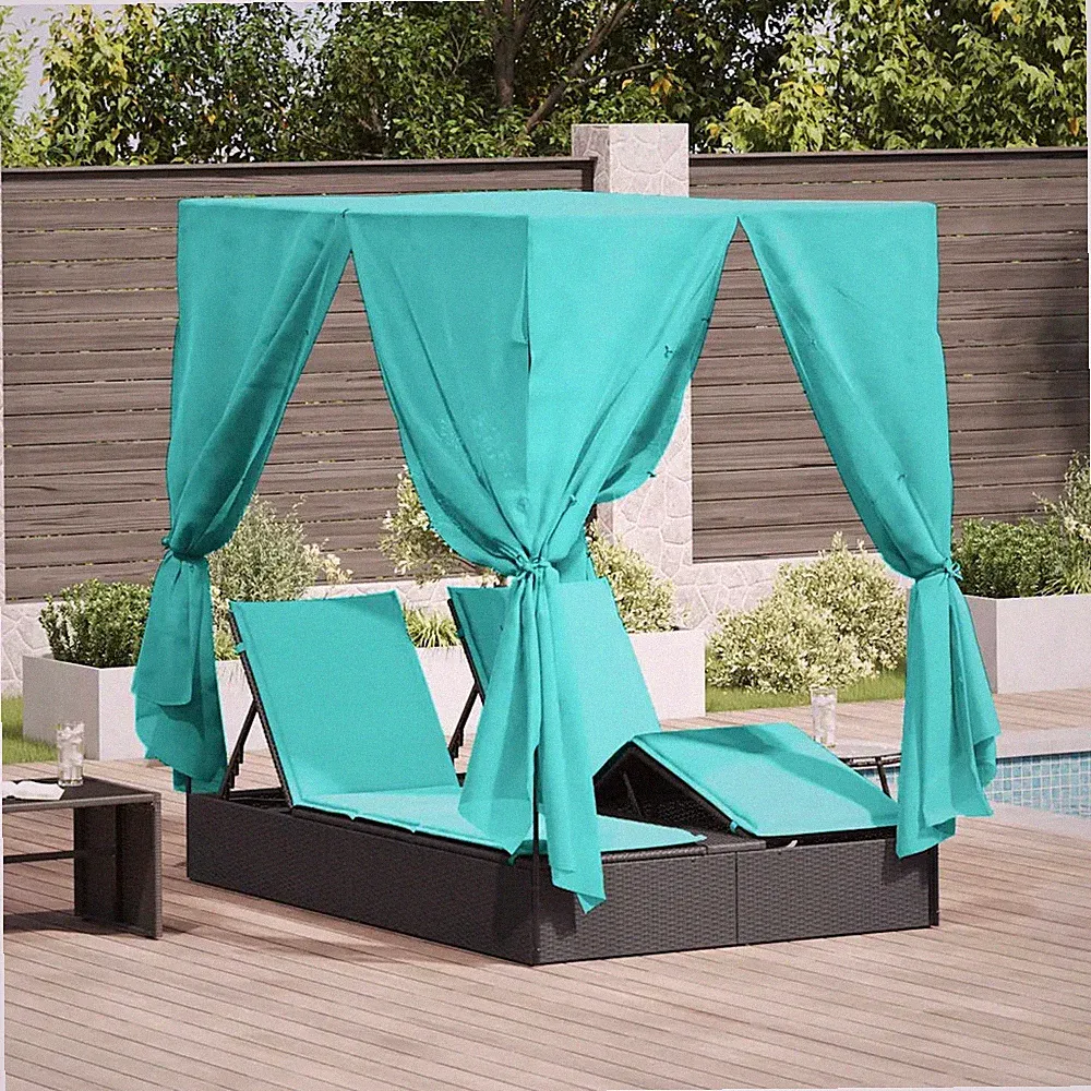 Doppelte Sonnenliege mit Dach mit Vorhängen PE Rattan Gartenlounge vidaXL