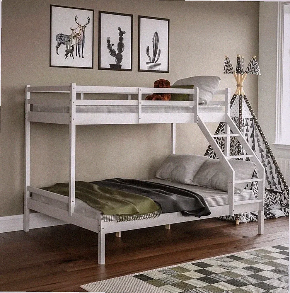 Dreibettzimmer Etagenbett aus massivem Kiefernholz, Einzel- & Doppelbett, weiß