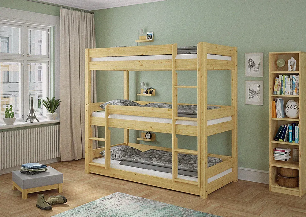 Dreier-Stockbett für drei erwachsenen Personen 80x200 Kiefer massiv natur