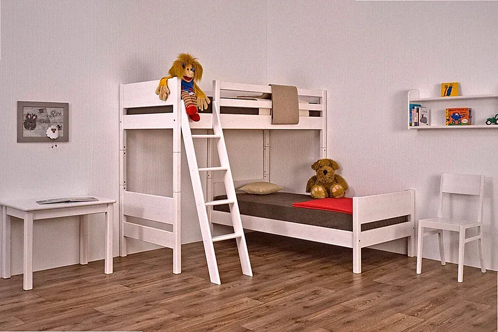Eck-Stockbett Castello 90x200cm Fichte Weiß lackiert mit Leiter