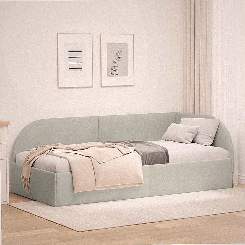 Eckbett 90x200 cm Hellgrau Samt Bettgestell mit Kopfteil Einzelbett Holz