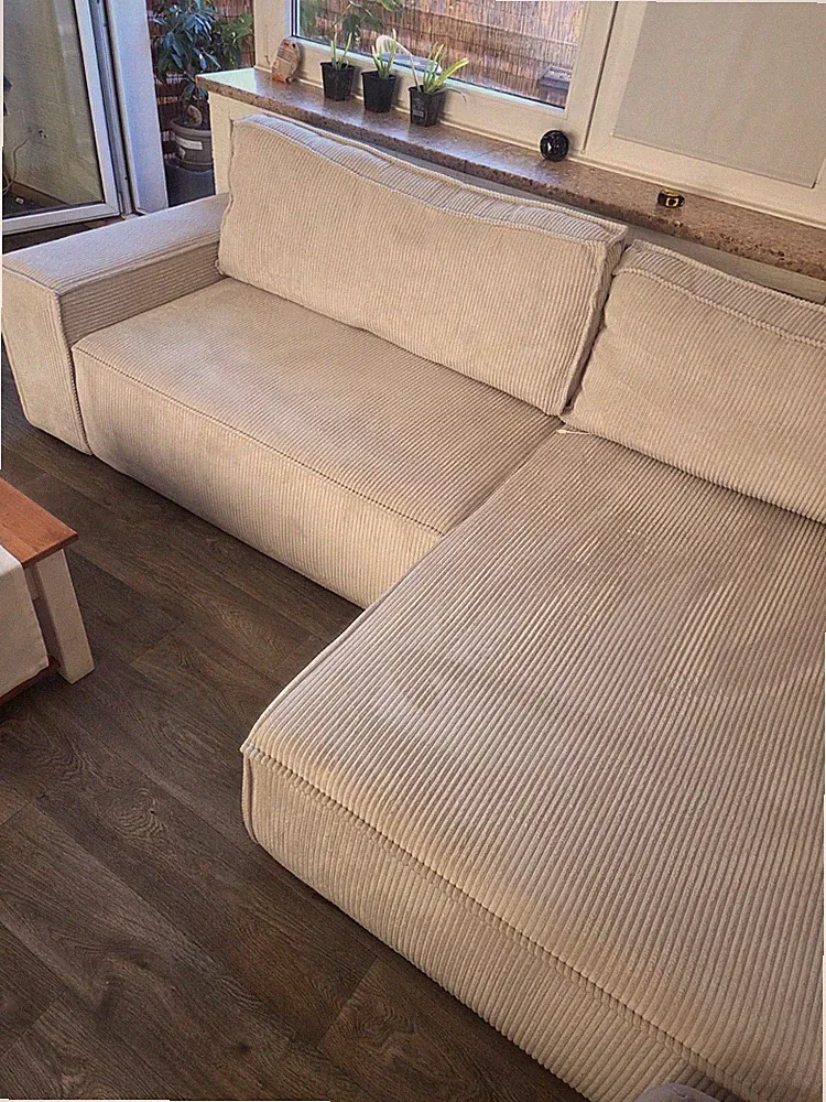 Ecksofa Cord Beige m Ottomane/Longchair, Bettfunktion, 270x160 cm M Bettkasten