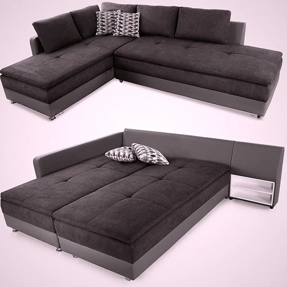 Ecksofa-Dauerschläfer Doppelbett Federkern Bettkasten Couch in Anthrazit Grau