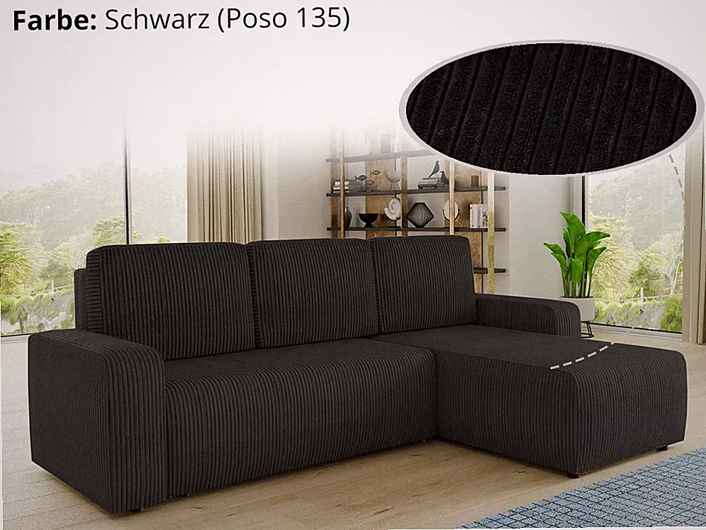 Ecksofa Roma L mit Schlaffunktion und Bettkasten - Cord Stoff - L-Form Couch