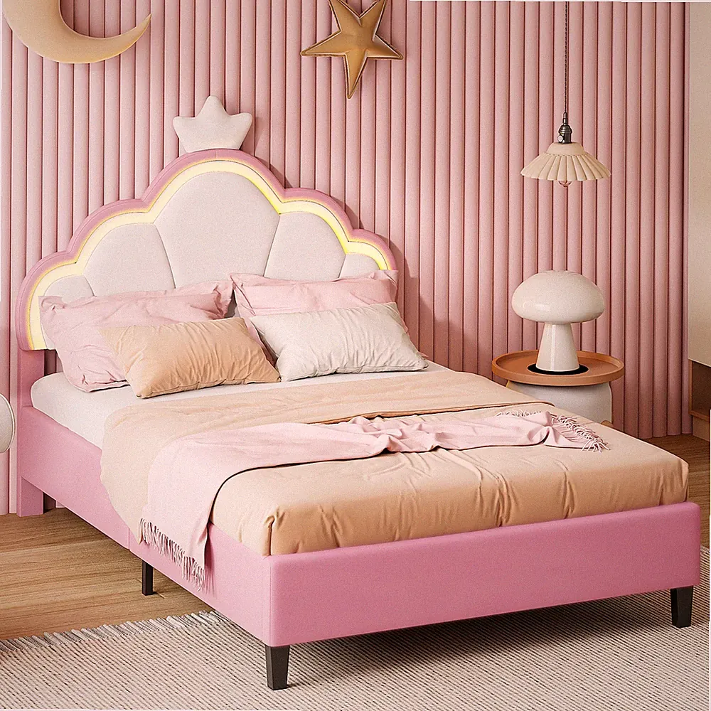 Einzelbett 90x200 cm Kinderbett Polsterbett mit LED Mädchen Bettrahmen Kopfteil