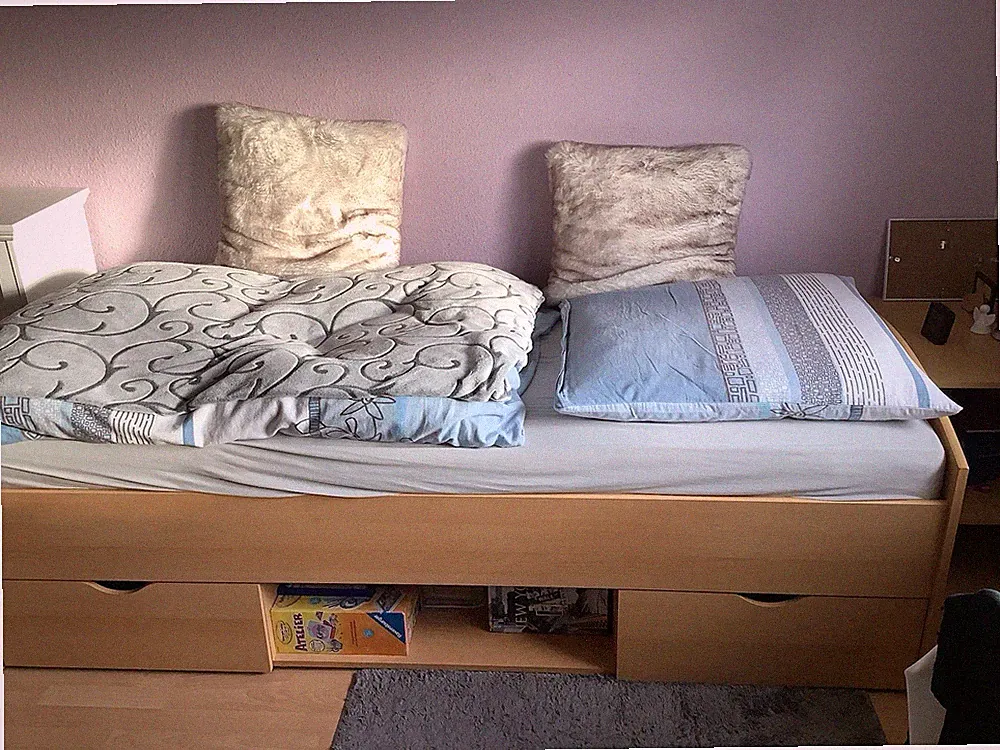Einzelbett 90x200 cm mit Lattenrost, Holz, Bettkasten, Jugendbett