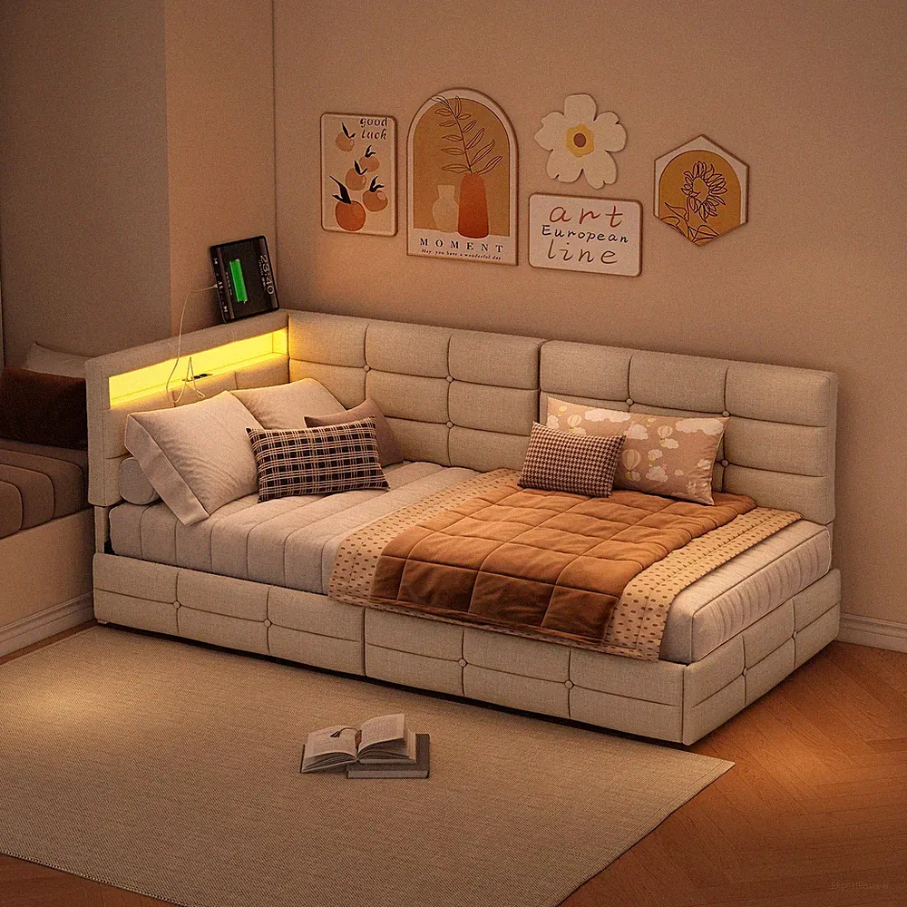 Einzelbett 90x200 cm mit LED Stauraum Polsterbett USB-Bettgestell mit Lattenrost