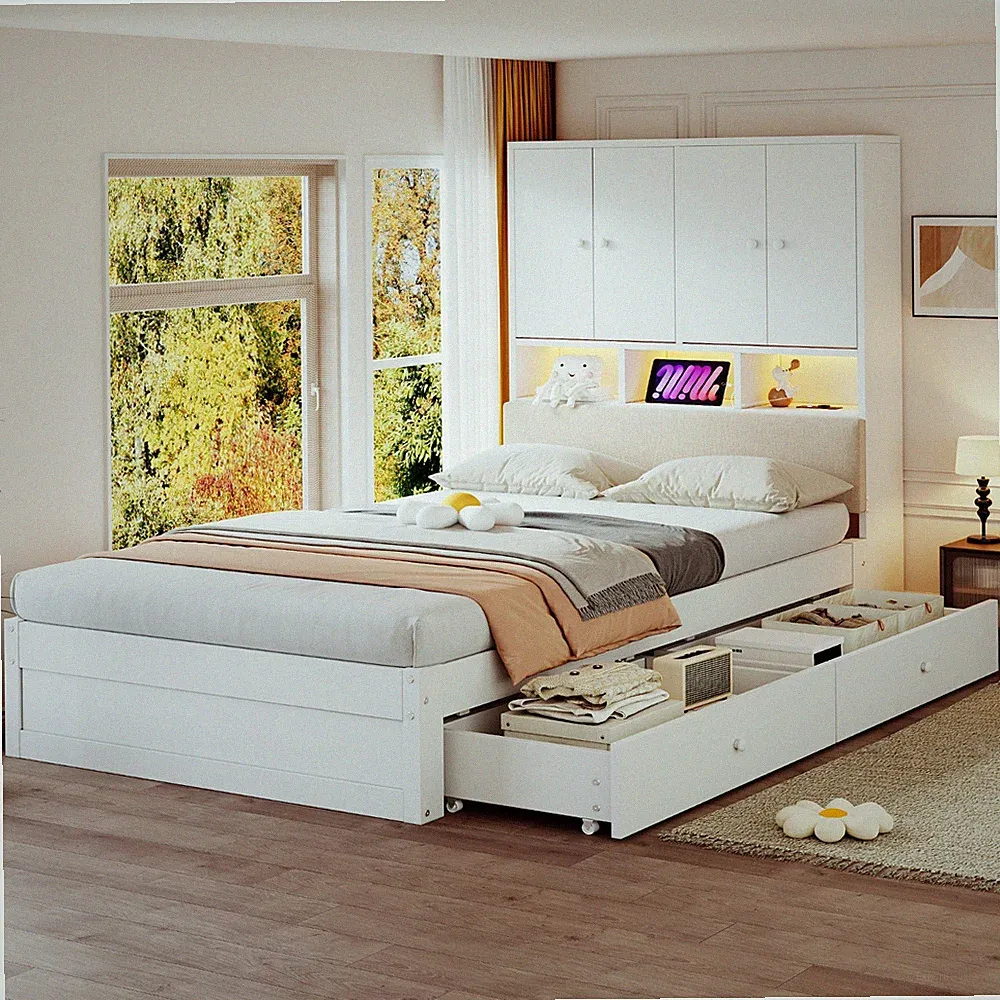 Einzelbett 90x200 cm mit LED Steckdose Stauraum und Schubladen