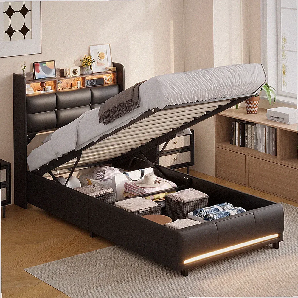 Schwarzes Schlafzimmer mit LED und Bettkasten
