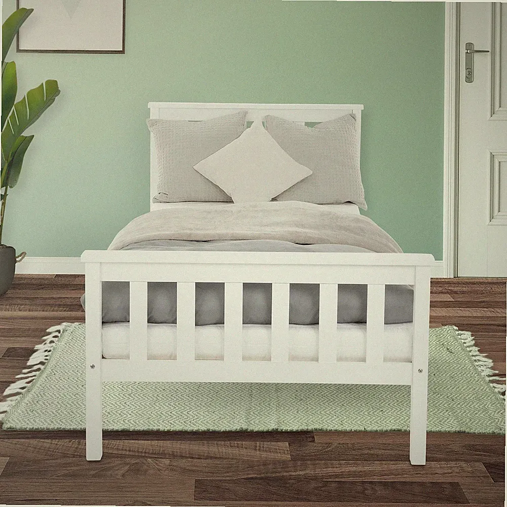 Einzelbett 90x200 cm Weiß Massiv Holz Bett Jugendbett mit Lattenrost Kinderbett