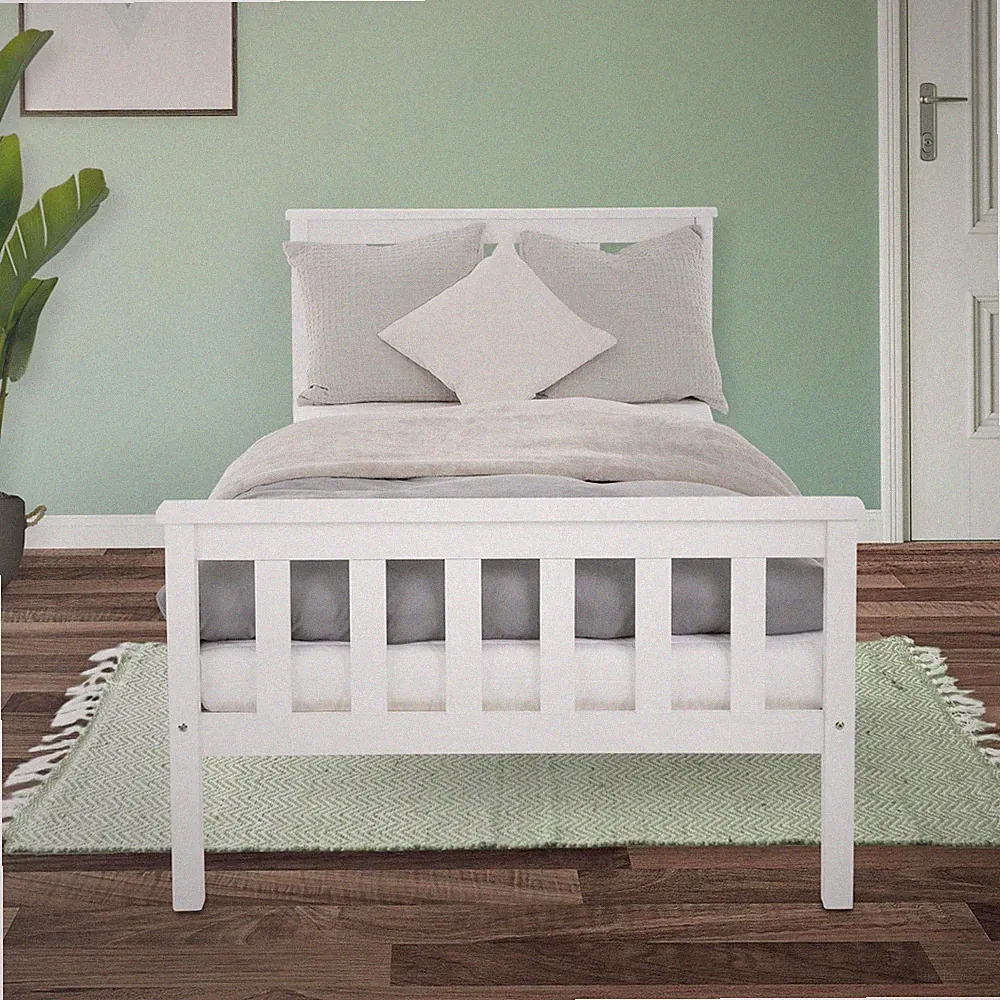 Einzelbett 90x200 cm Weiß Massiv Holz Bett Jugendbett mit Lattenrost Kinderbett
