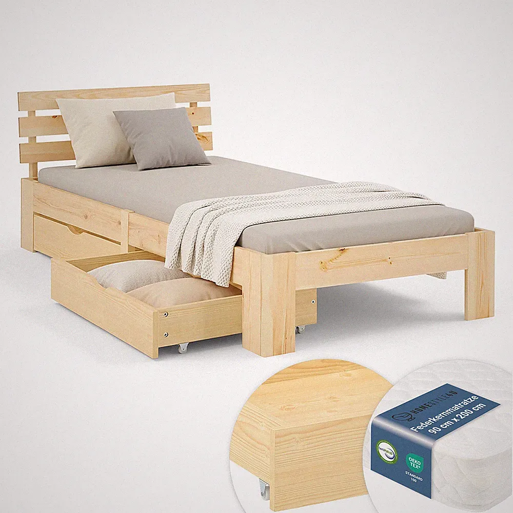 Einzelbett 90x200 Massivholz inkl. Federkernmatratze + 2 Bettkästen Homestyle4u