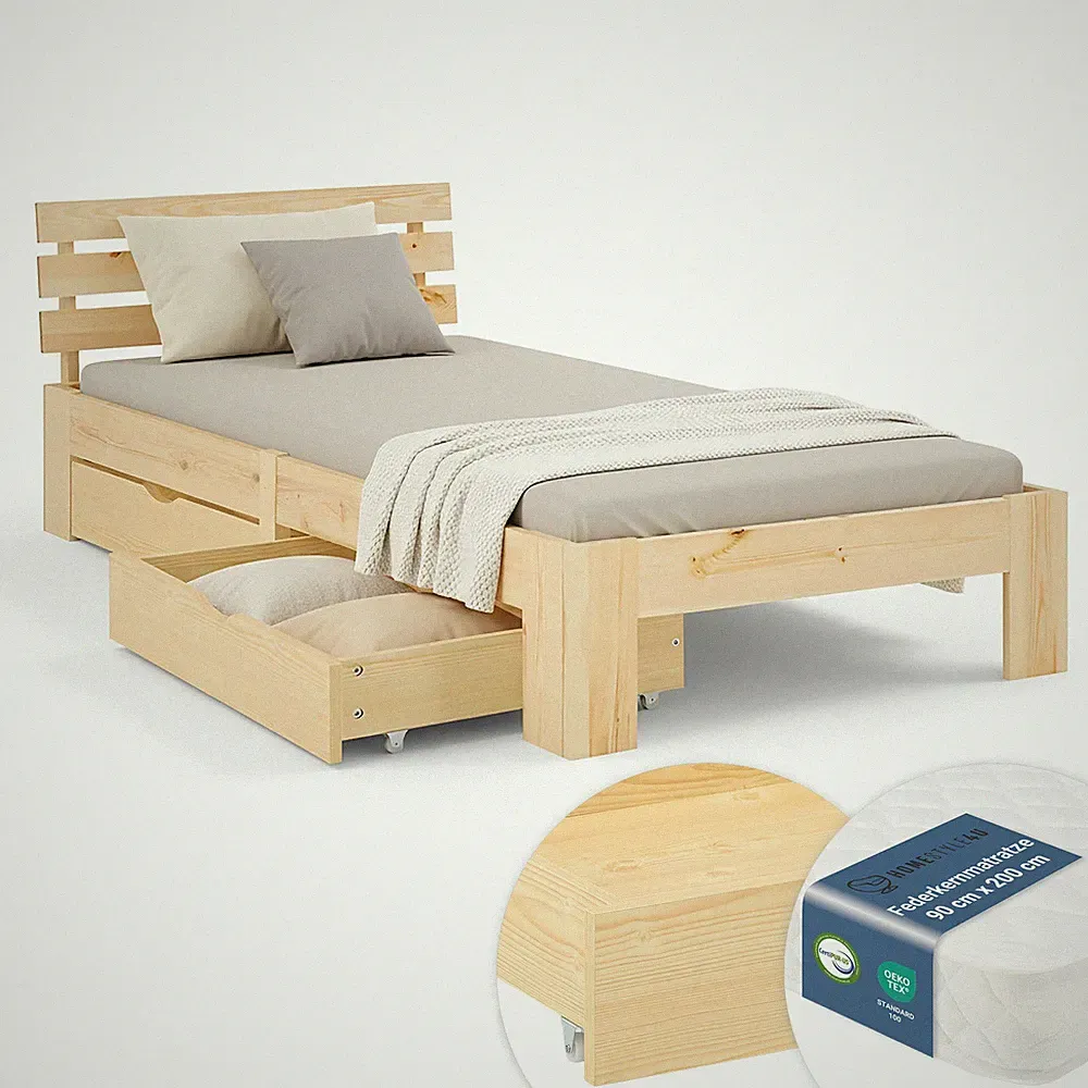 Einzelbett 90x200 Massivholz inkl. Federkernmatratze + 2 Bettkästen Homestyle4u