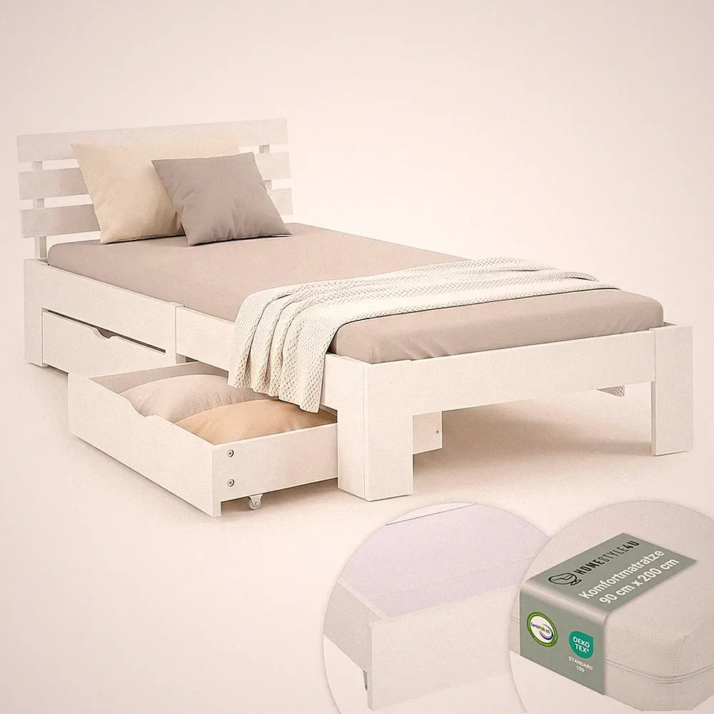 Einzelbett 90x200 Weiß Massivholz 2 Bettkästen Matratze Lattenrost Homestyle4u