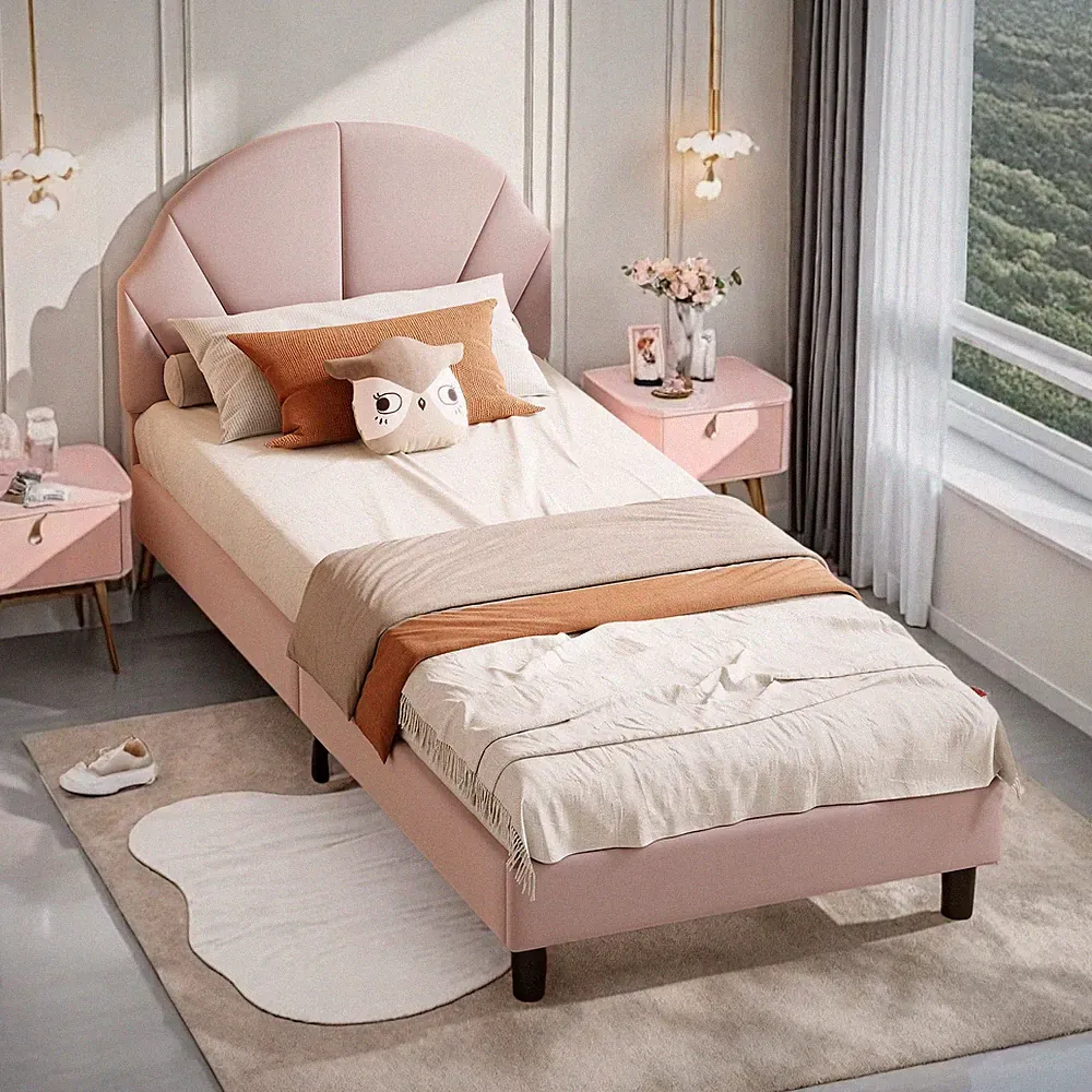 Einzelbett 90x200cm Kinderbett Bettgestell mit Lattenrost Verstellbarer Kopfteil