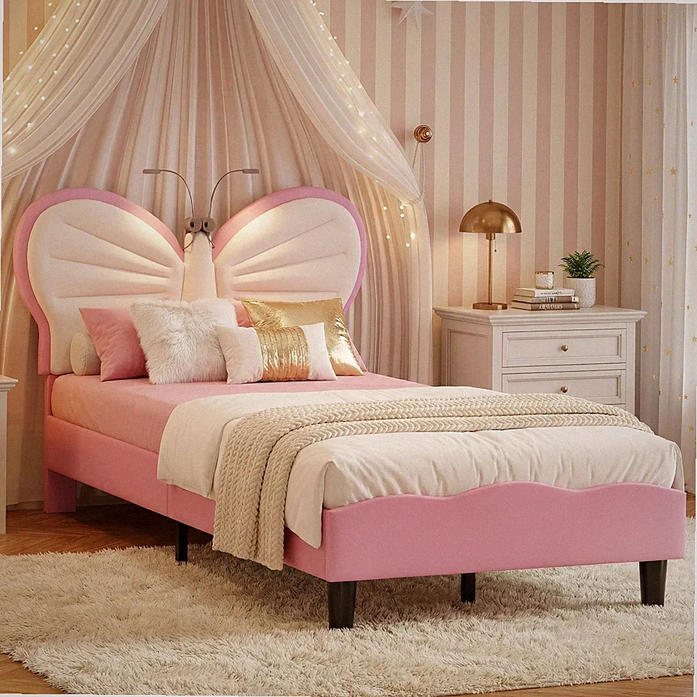 Einzelbett 90x200cm Mädchenbett Kinderbett Polsterbett Bettrahmen mit LED Rosa