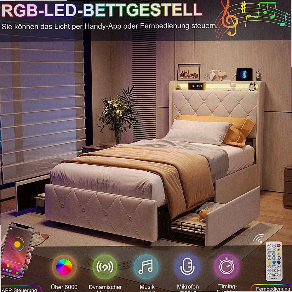 Einzelbett 90x200cm Mit LED,USB,Stauraum Bettgestell mit Lattenrost 2 Schubladen