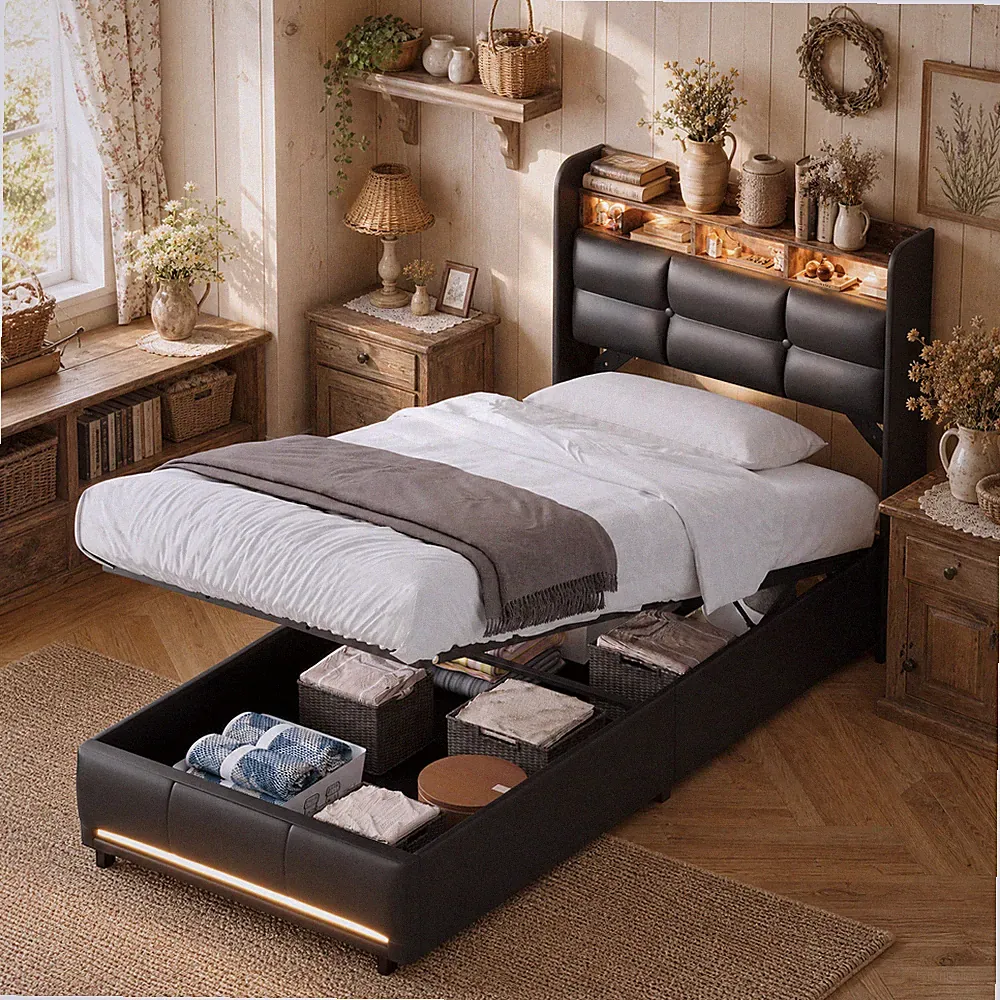 Einzelbett 90x200cm Polsterbett Bettgestell mit Lattenrost LED/USB Boxspringbett