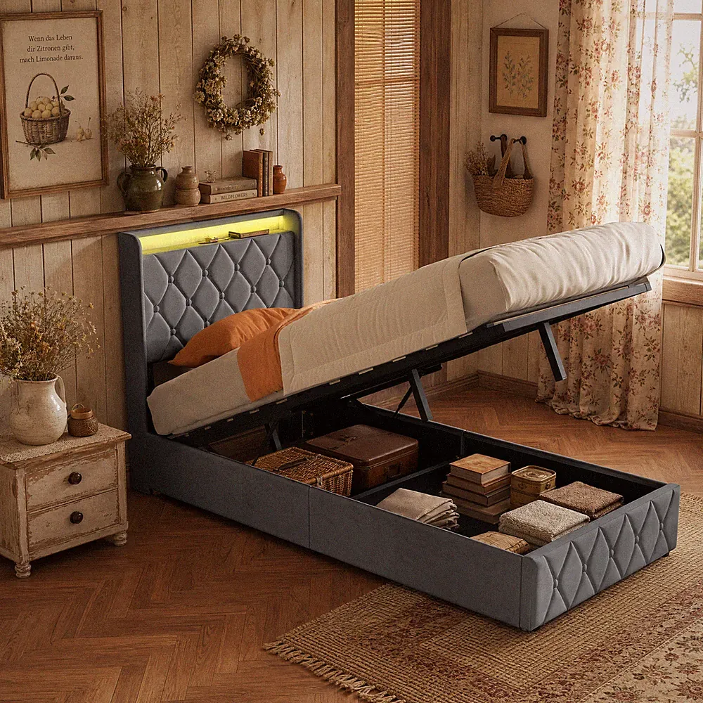 Einzelbett 90x200cm Polsterbett mit LED&USB Lattenrost Bettgestell Stauraumbett
