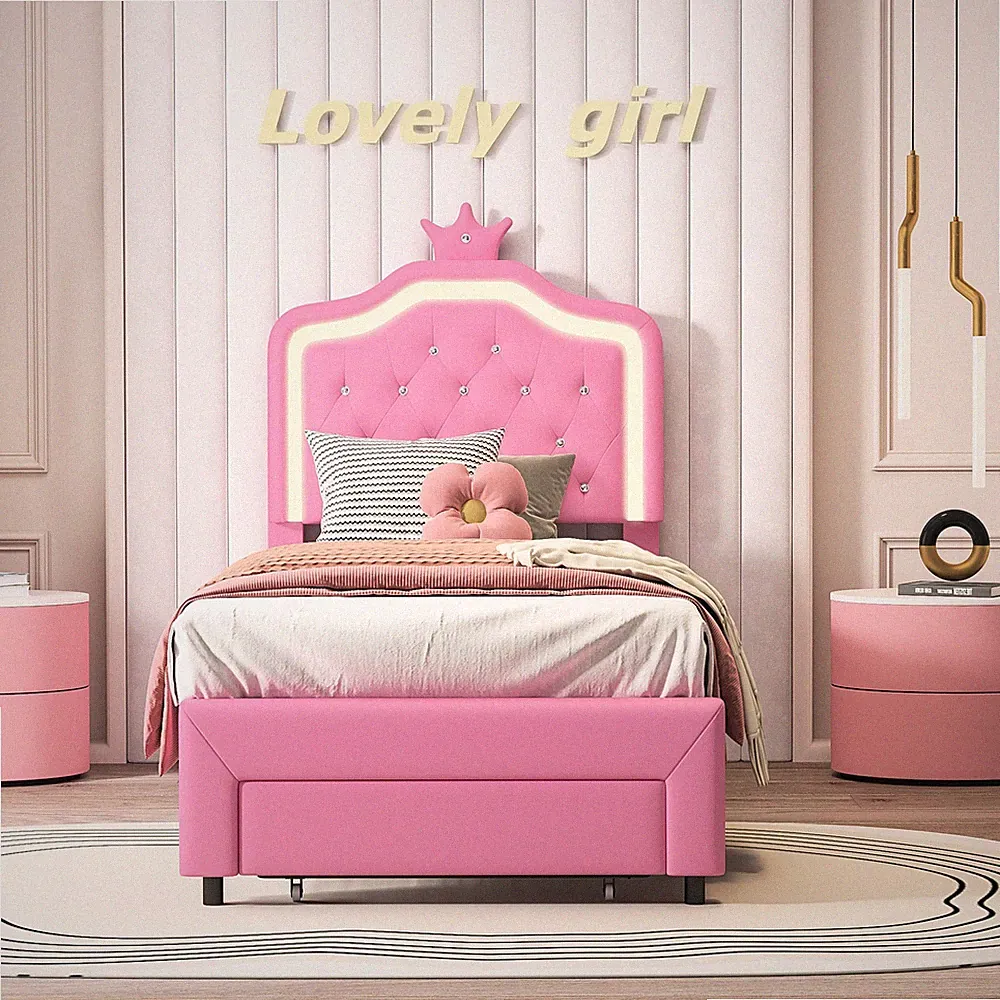 Einzelbett mit LED 90x200cm Mädchen Bett für Kinder Kinderbett Prinzessinnenbett