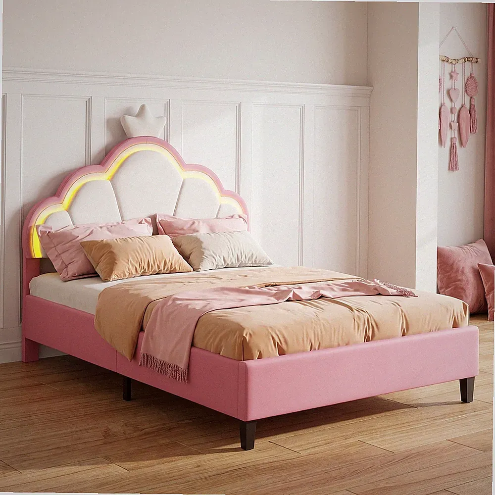 Einzelbett Polsterbett 90x200 cm mit LED,Jugendbett mit Lattenrost für Mädchen