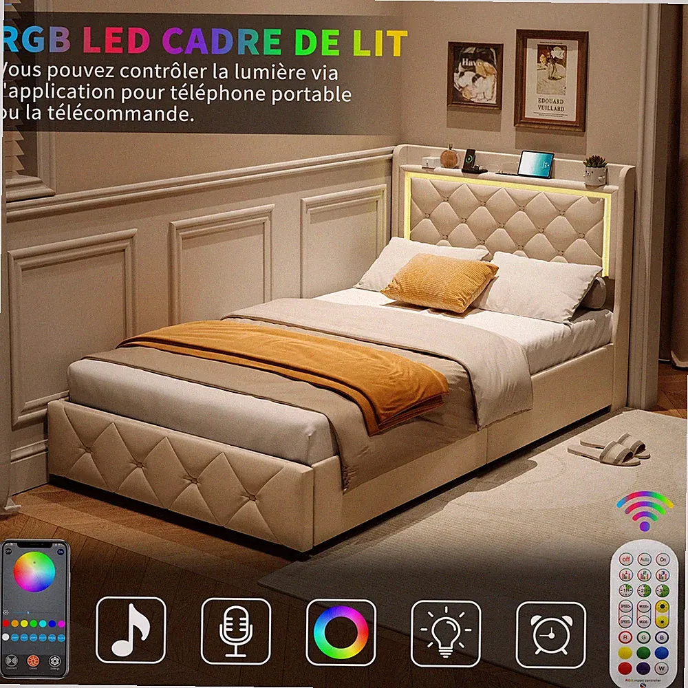 Einzelbett Polsterbett 90x200 cm mit LED/Stauraum USB-Bettgestell mit Lattenrost