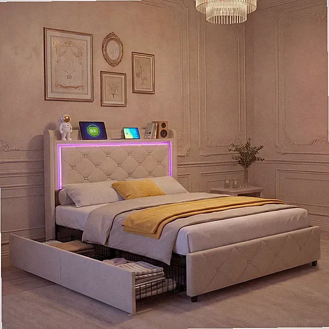 Einzelbett Polsterbett 90x200cm mit LED&USB Stauraumbett 2 Schubladen Jugendbett
