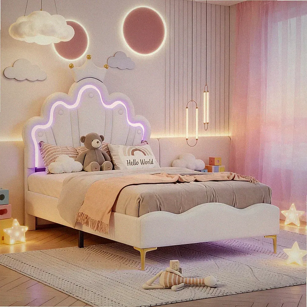 Einzelbetten Mädchenbett 90 x 200 cm mit LED Kopfteil PU Polsterbett Jugendbett