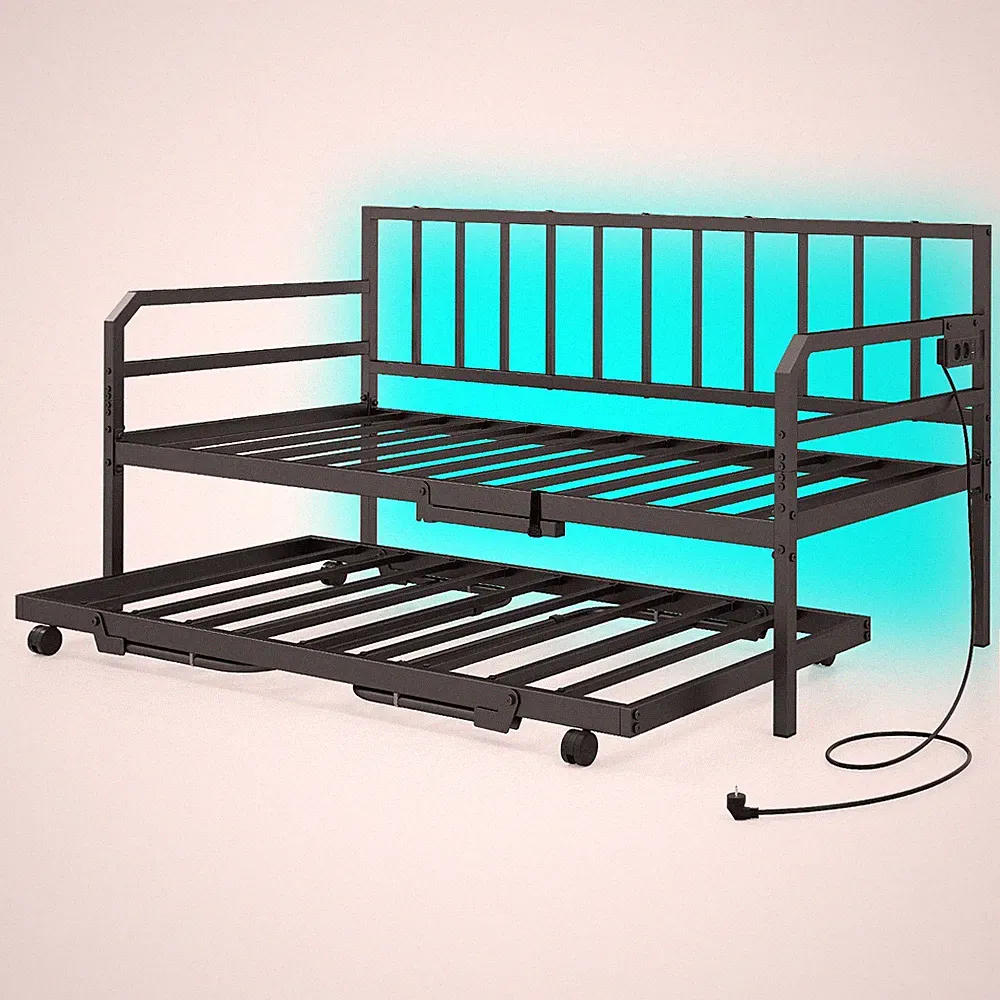 Einzelgröße Tagesbett mit LED-Lichtern & Ladestation Sofa-Bettgestell Schwarz