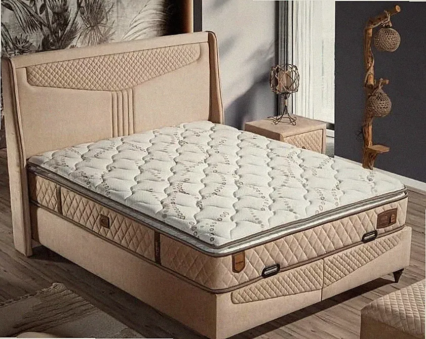 Elegantes Bett mit Matratze in Beige aus Holz und Textil