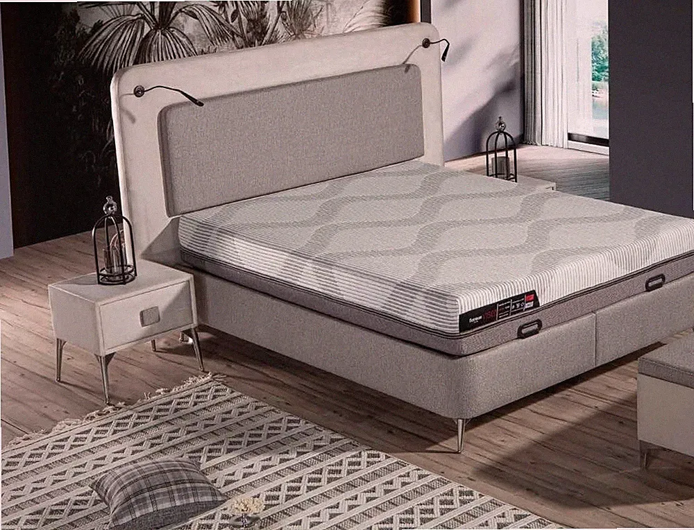 Elegantes graues Bett mit Matratze aus Textil und Edelstahl