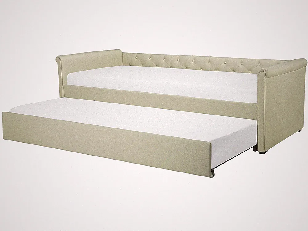 Elegantes Tandembett ausziehbar Polsterung beige Leinenoptik Libourne