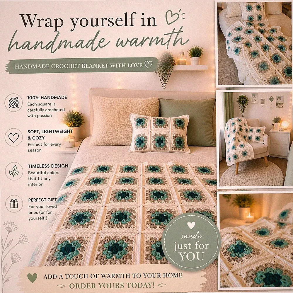 Entenei Häkeldecke Set mit Kissen Granny Square Landhaus Bettwäsche