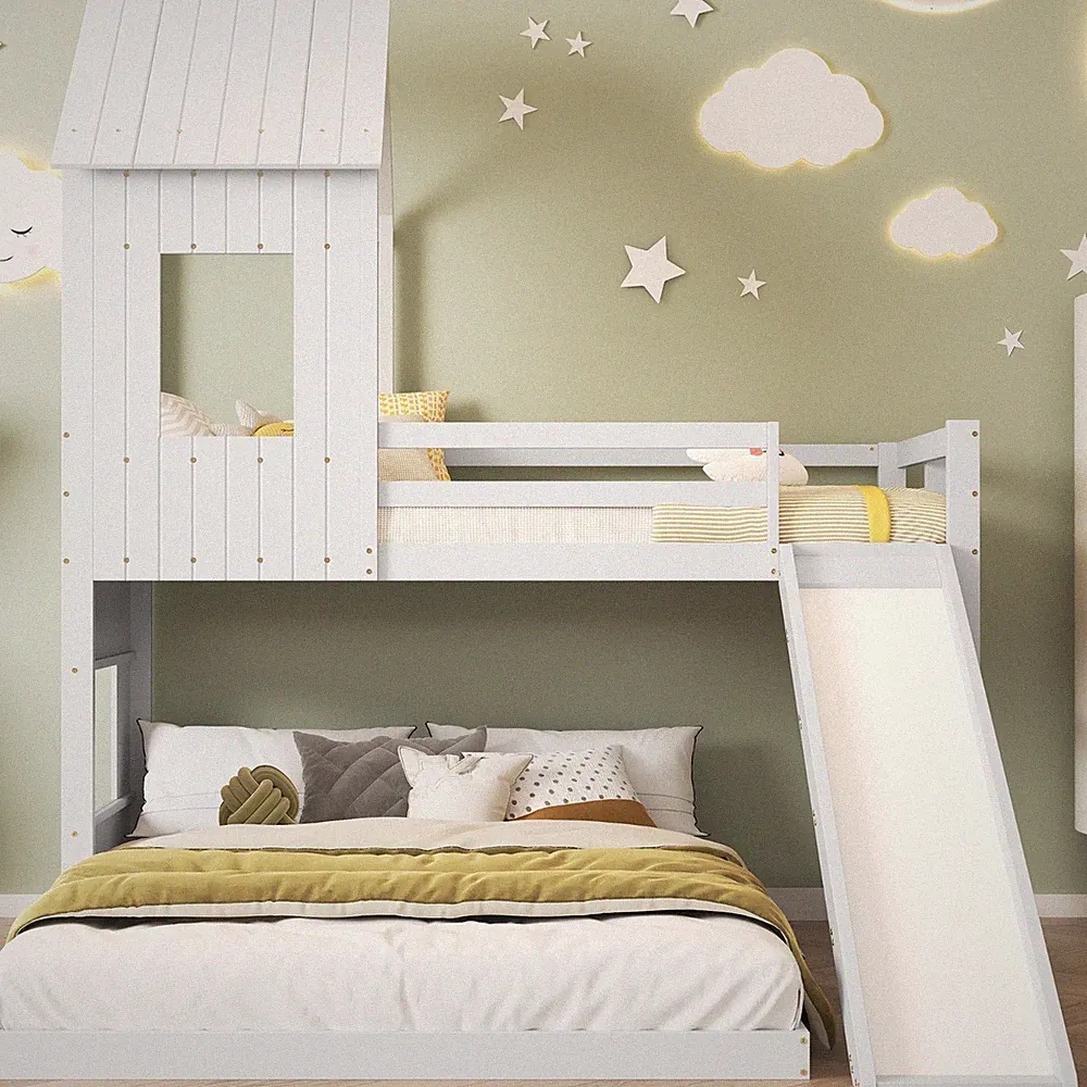 Etagenbett 140x200 90x200 Hausbett mit Rutsche Treppe Kinderbett Weiß Holz