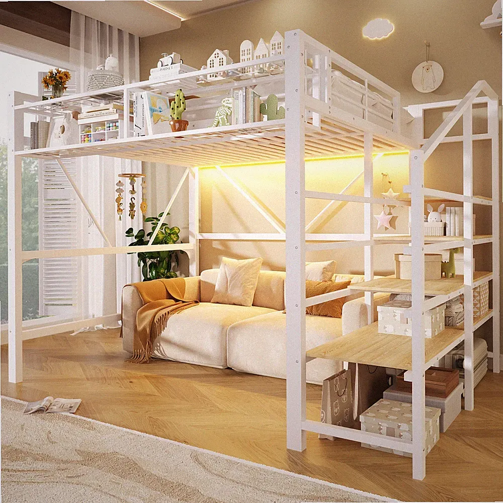 Etagenbett 140x200 cm Metall Hochbett Kinder Bett mit LED Stauraumtreppe offener