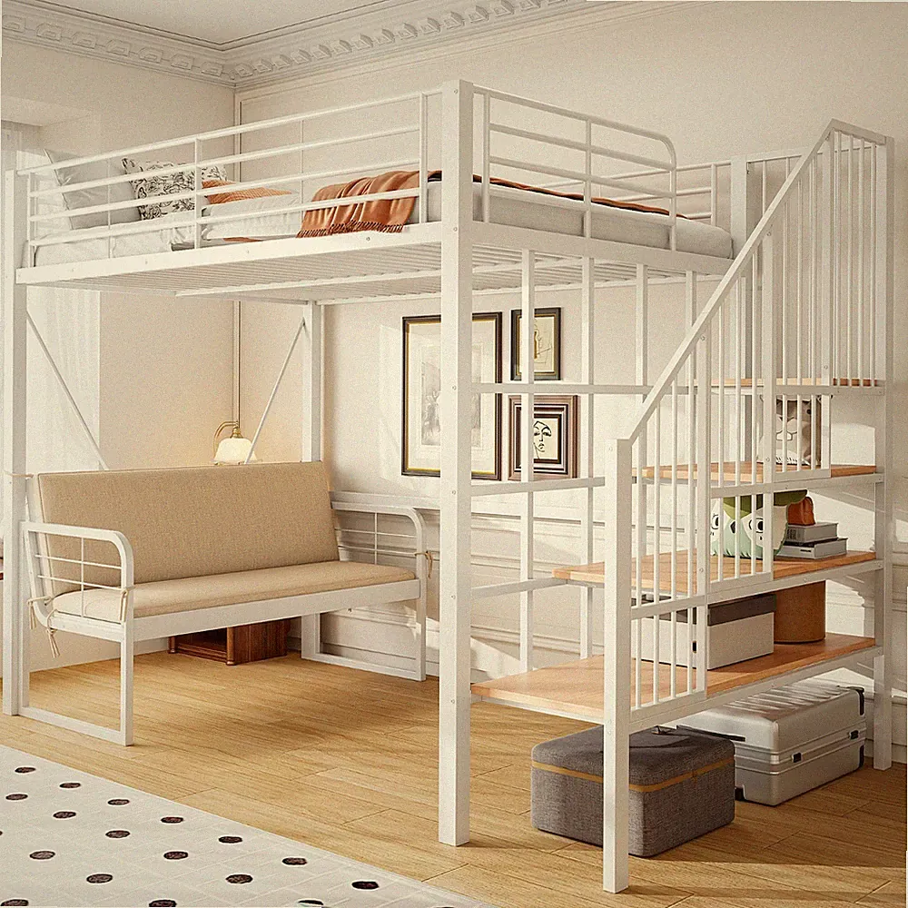 Etagenbett 140x200 Metall Hochbett Kinder Bett mit Polstersofa Stauraumtreppe