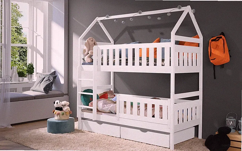 Etagenbett 80x170 Bett Kinderbett mit Dach Hausbett Stockbett WEIß inkl.Matratze