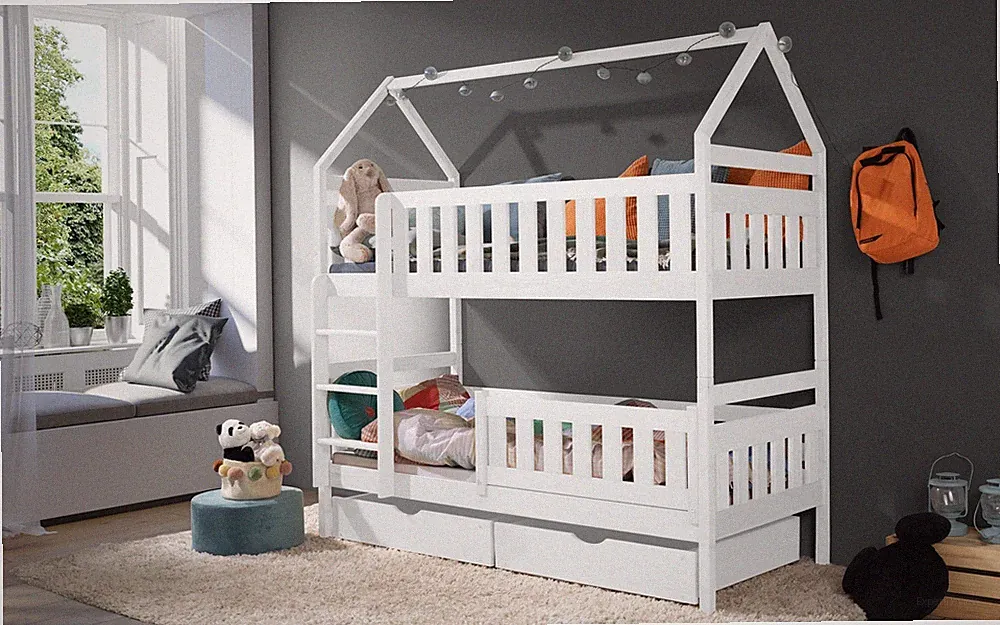 Etagenbett 80x170 Kinderbett mit Dach Hausbett Stockbett WEIß Bett Hochbett