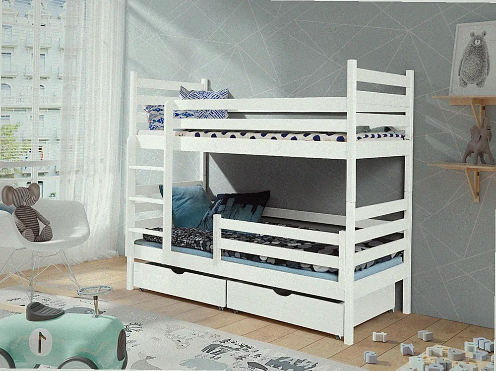 Etagenbett 80x170 Weiß Massivholz Kiefer Kinderbett + Schubladen Rausfallschutz