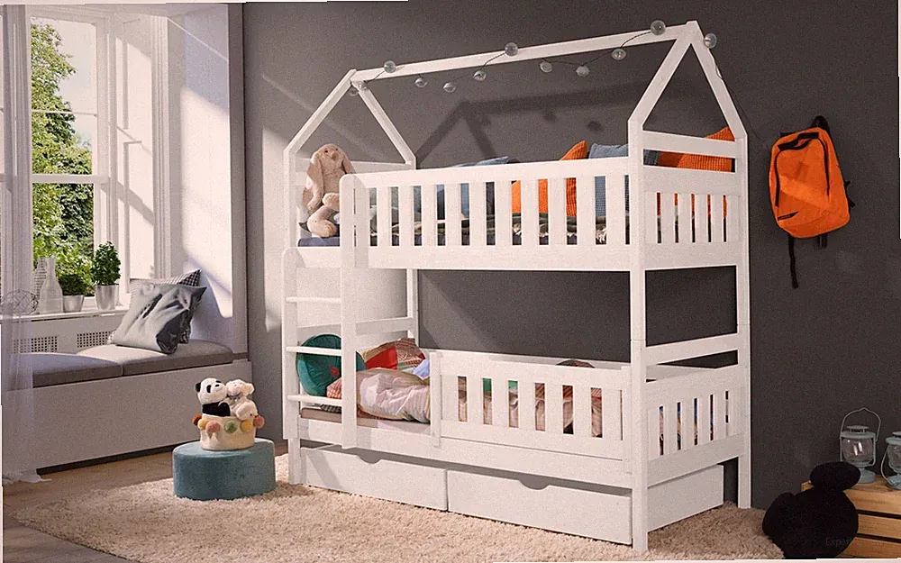 Etagenbett 90x180 Bett Kinderbett mit Dach Hausbett Stockbett WEIß inkl.Matratze