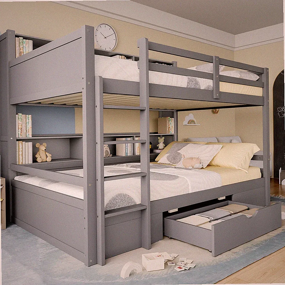 Etagenbett 90x200 cm Grau Kiefer mit Schublade Ablagen Kinderbett