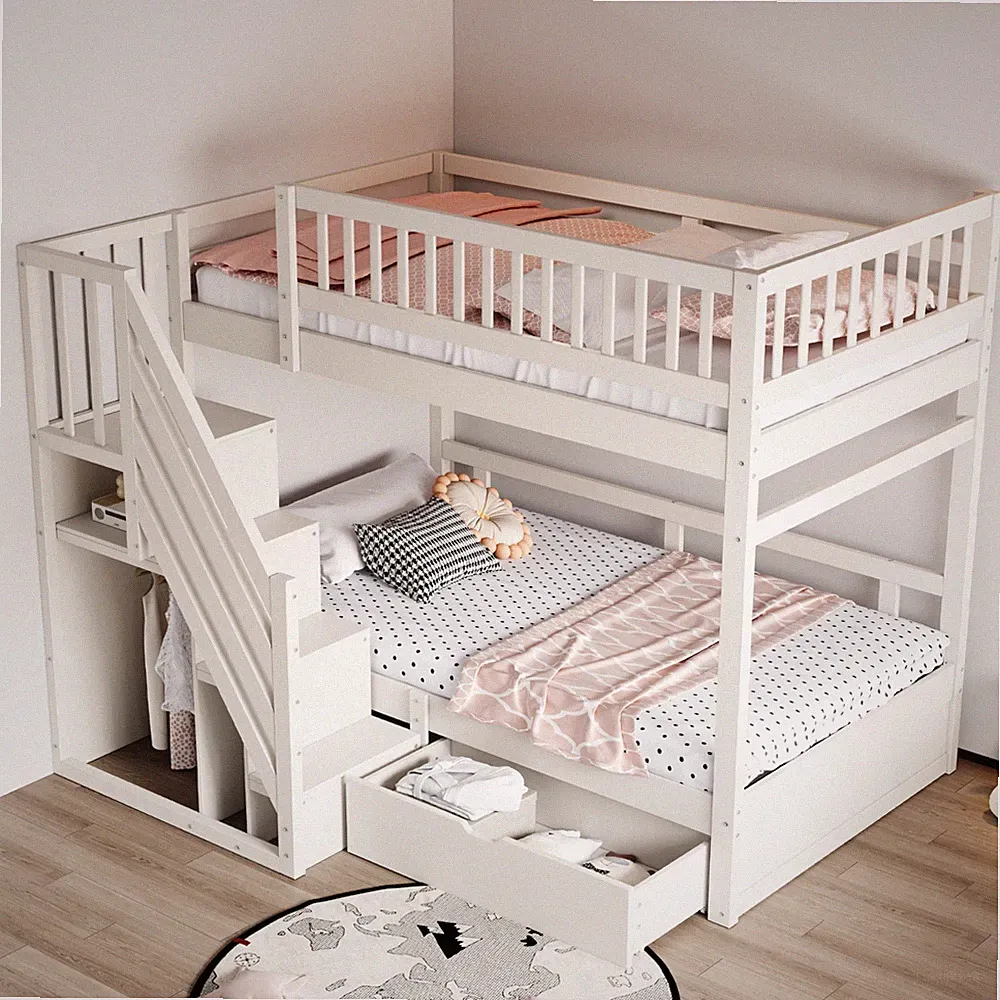 Etagenbett 90x200 cm Weiß Holz mit Treppe Stauraum Schublade Lattenrost