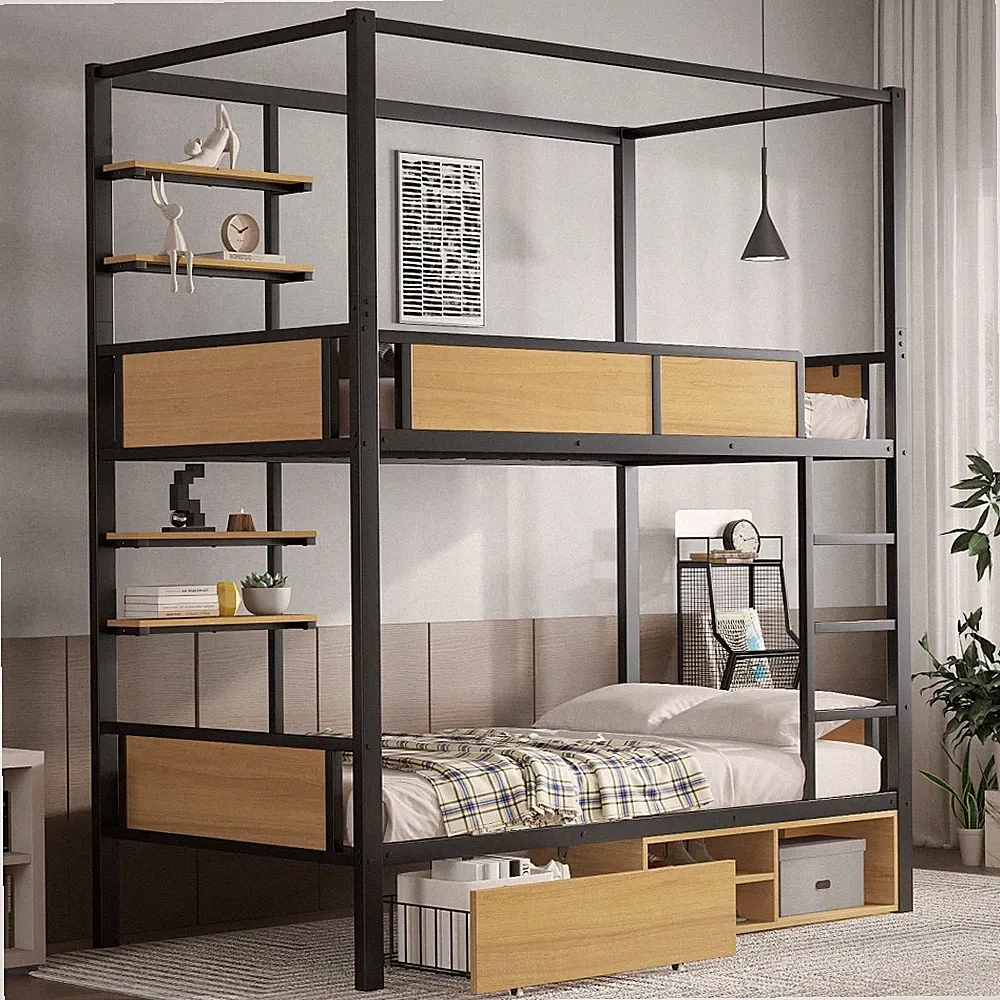 Etagenbett 90x200 Eisen MDF Stauraum Schublade Lattenrost Schwarz Natur FSC