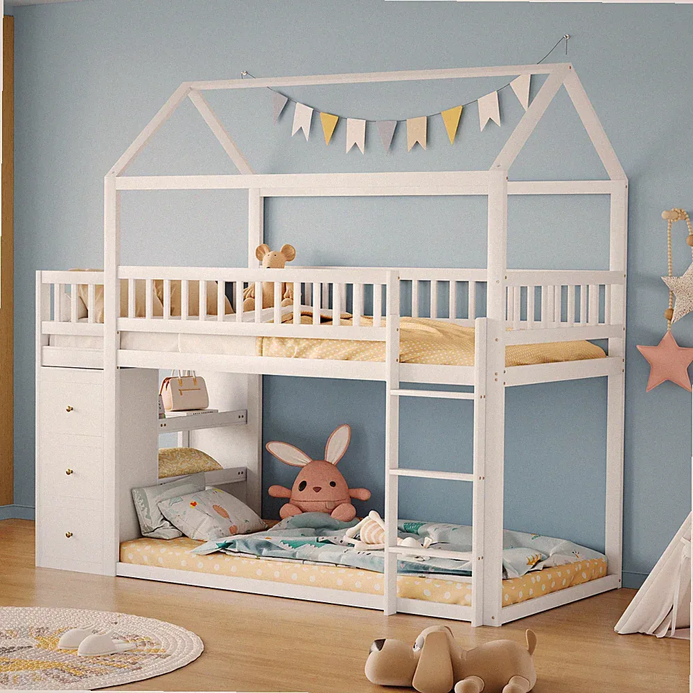 Etagenbett 90x200 Hochbett Stockbett Kinderbett mit 3 Schubladen Regalen Leiter