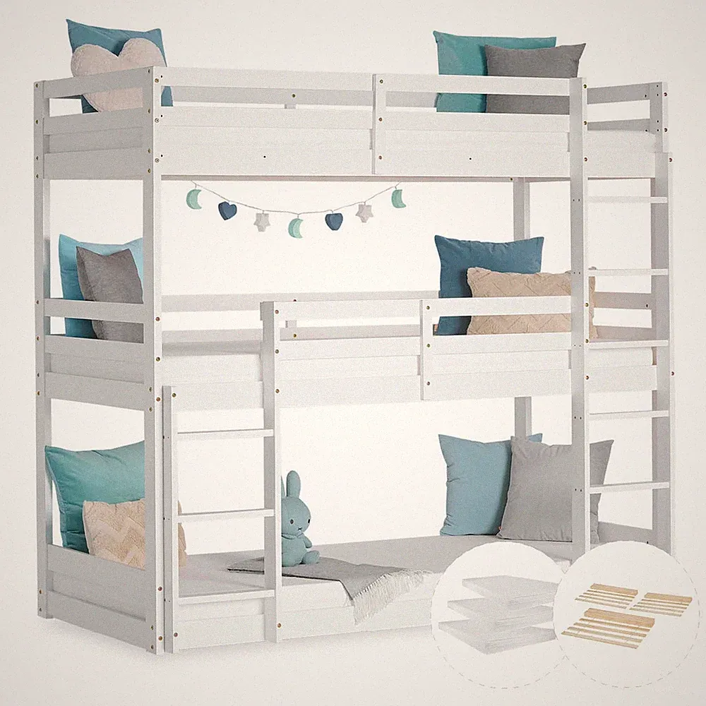 Etagenbett 90x200 Kinderbett mit Matratze Dreifach Stockbett Holz Homestyle4u